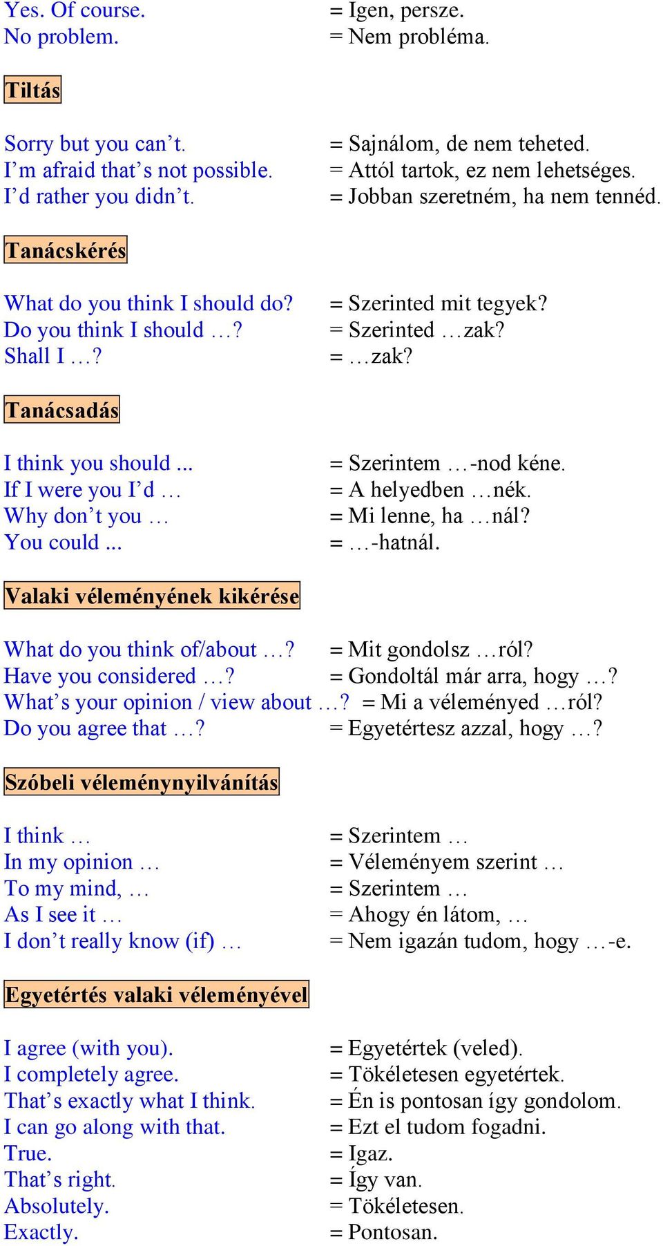 Tanácsadás I think you should... If I were you I d Why don t you You could... = Szerintem -nod kéne. = A helyedben nék. = Mi lenne, ha nál? = -hatnál.