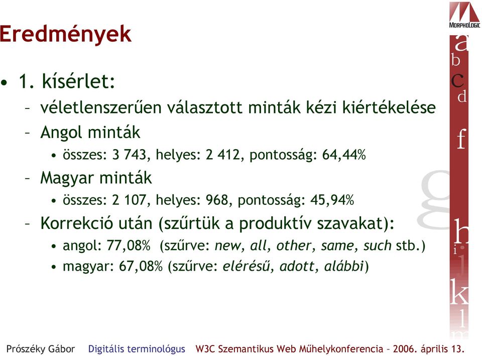 743, helyes: 2 412, pontosság: 64,44% Magyar minták összes: 2 107, helyes: 968,