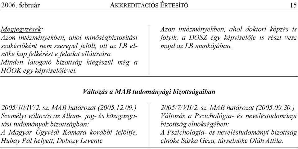 Változás a MAB tudományági bizottságaiban 2005/10/IV/2. sz. MAB határozat (2005.12.09.