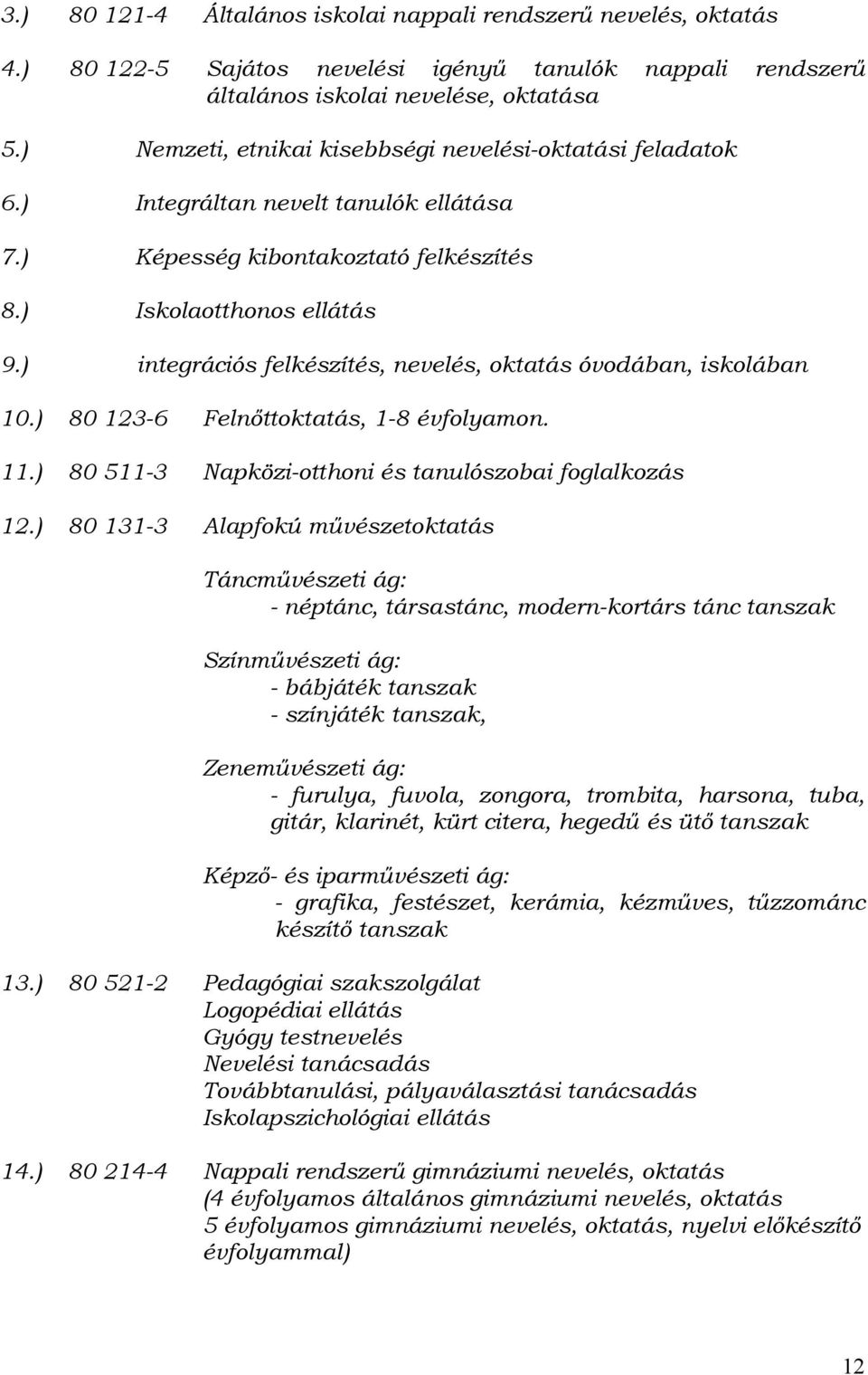 ) integrációs felkészítés, nevelés, oktatás óvodában, iskolában 10.) 80 123-6 Felnőttoktatás, 1-8 évfolyamon. 11.) 80 511-3 Napközi-otthoni és tanulószobai foglalkozás 12.