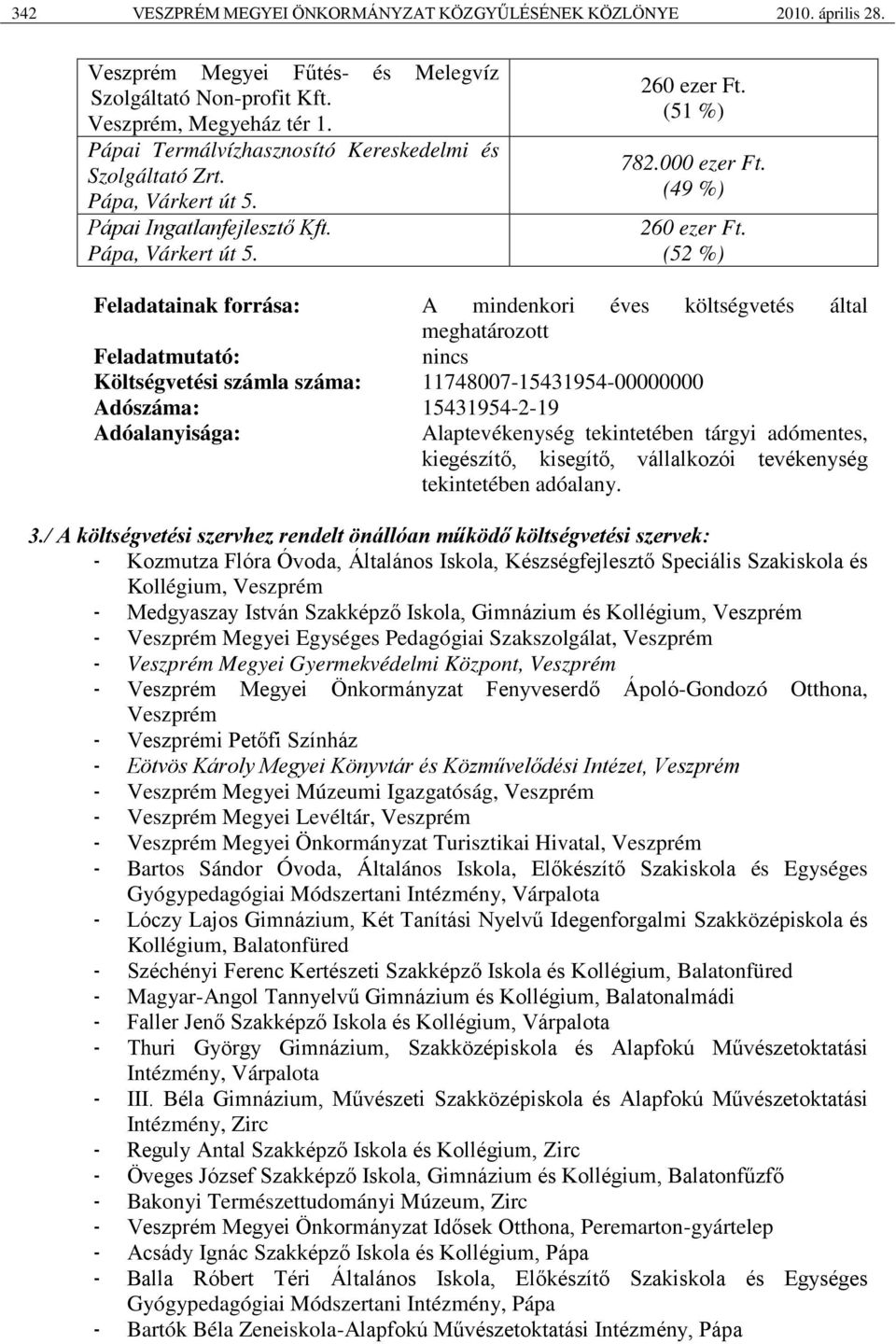 (52 %) Feladatainak forrása: A mindenkori éves költségvetés által meghatározott Feladatmutató: nincs Költségvetési számla száma: 11748007-15431954-00000000 Adószáma: 15431954-2-19 Adóalanyisága: