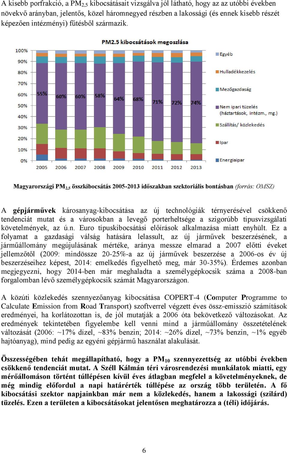Magyarországi PM 2,5 összkibocsátás 2005-2013 időszakban szektoriális bontásban (forrás: OMSZ) A gépjárművek károsanyag-kibocsátása az új technológiák térnyerésével csökkenő tendenciát mutat és a