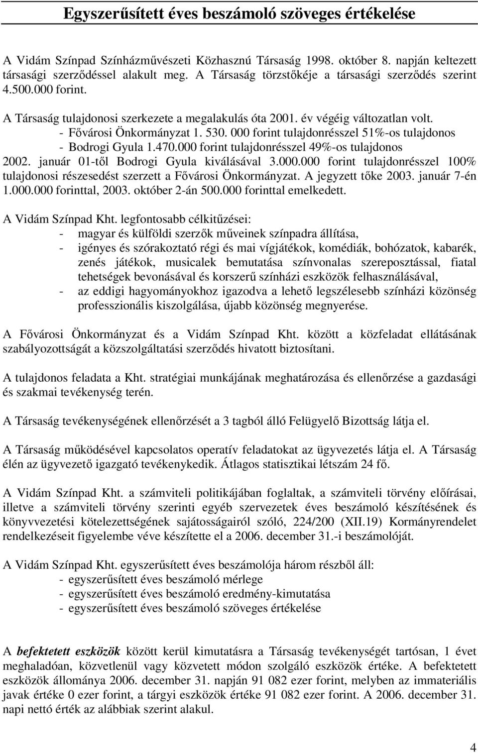 000 forint tulajdonrésszel 51%-os tulajdonos - Bodrogi Gyula 1.470.000 forint tulajdonrésszel 49%-os tulajdonos 2002. január 01-től Bodrogi Gyula kiválásával 3.000.000 forint tulajdonrésszel 100% tulajdonosi részesedést szerzett a Fővárosi Önkormányzat.