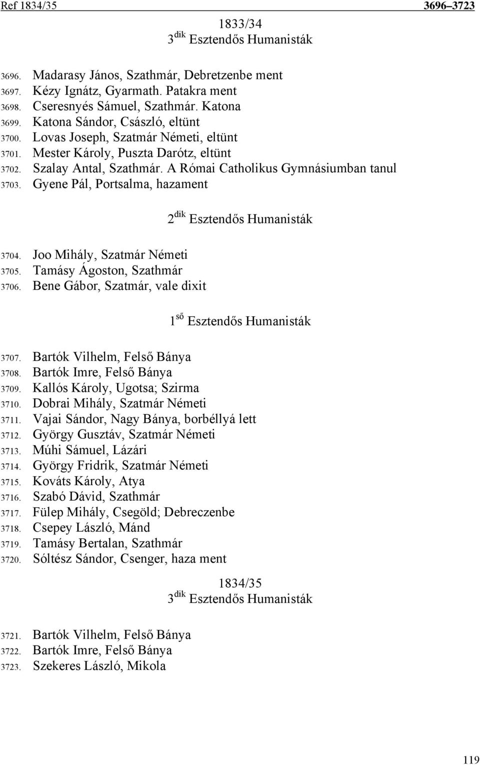 Gyene Pál, Portsalma, hazament 3704. Joo Mihály, Szatmár Németi 3705. Tamásy Ágoston, Szathmár 3706. Bene Gábor, Szatmár, vale dixit 2 dik Esztendős Humanisták 1 ső Esztendős Humanisták 3707.