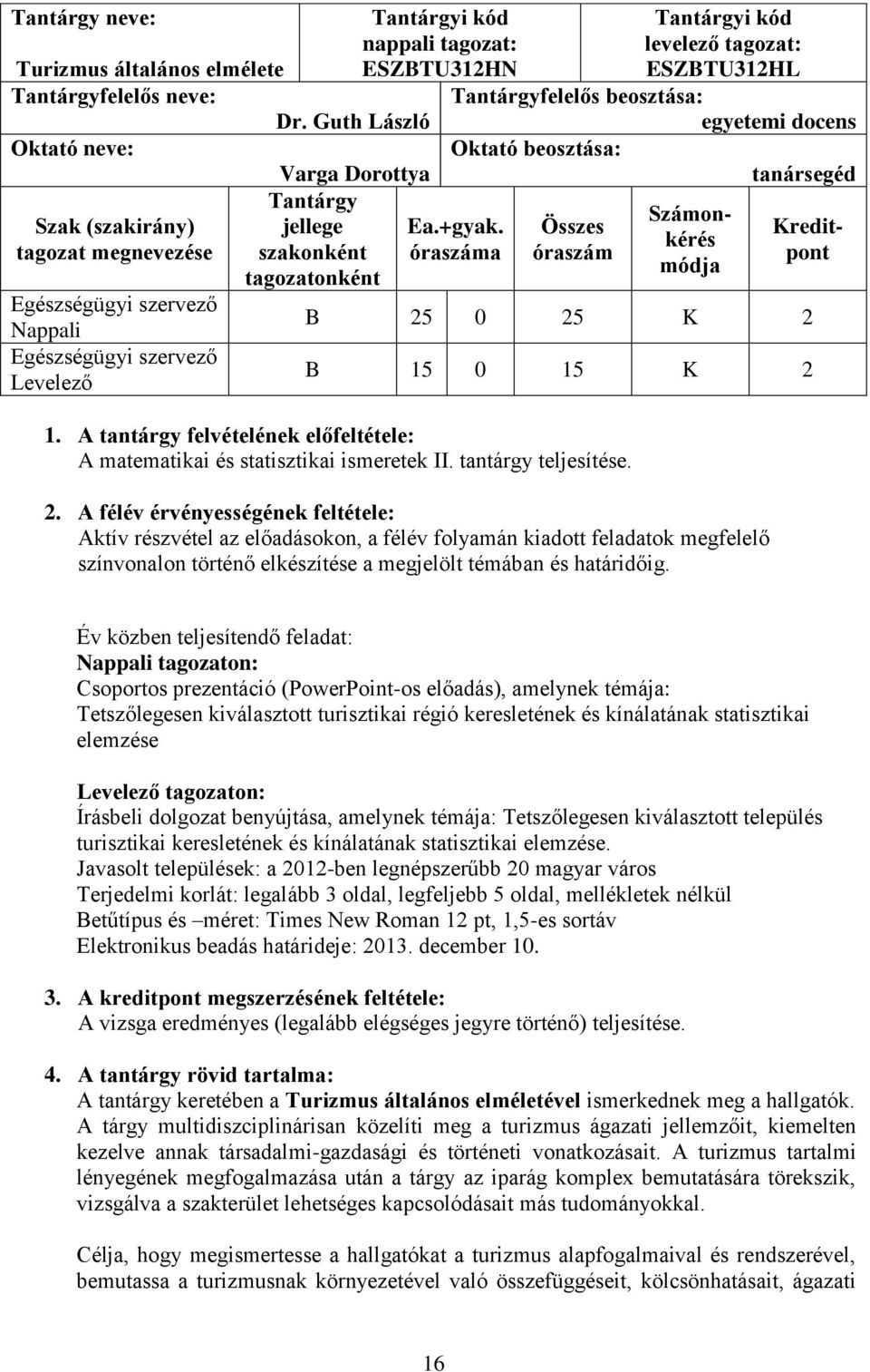 Összes Kredittagozat megnevezése szakonként óraszáma óraszám pont módja tagozatonként Nappali B 25 0 25 K 2 Levelező B 15 0 15 K 2 1.