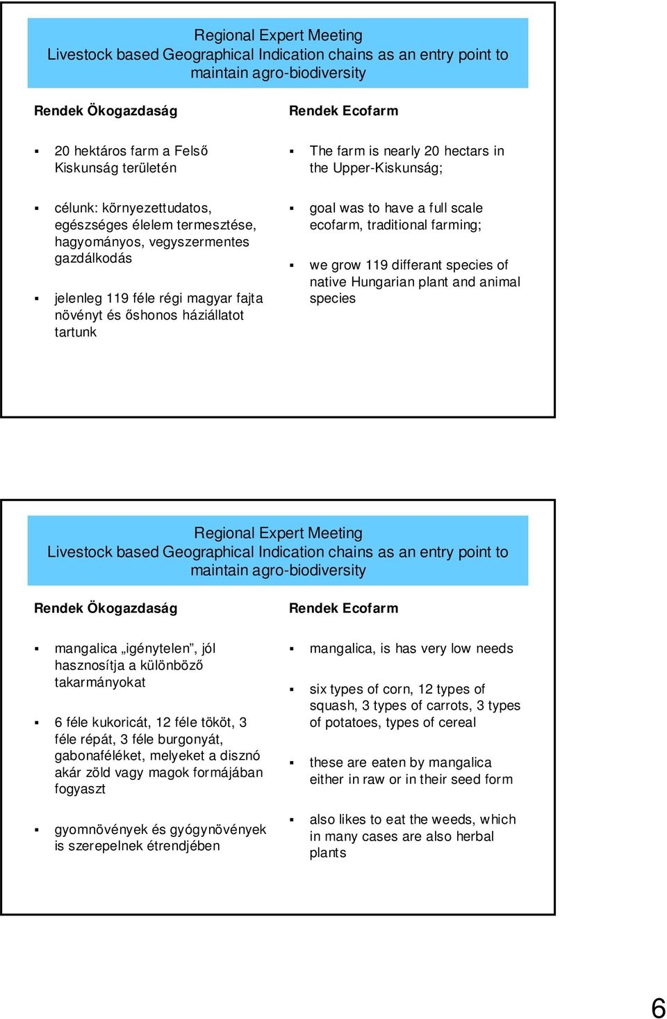 species of native Hungarian plant and animal species Rendek Ökogazdaság Rendek Ecofarm mangalica igénytelen, jól hasznosítja a különbözı takarmányokat 6 féle kukoricát, 12 féle tököt, 3 féle répát, 3