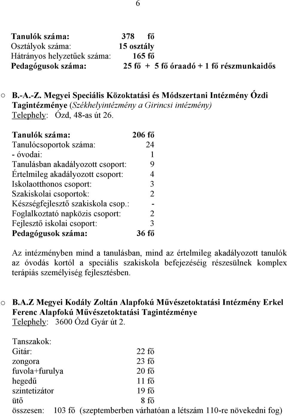 Tanulók száma: 206 fő Tanulócsoportok száma: 24 - óvodai: 1 Tanulásban akadályozott csoport: 9 Értelmileg akadályozott csoport: 4 Iskolaotthonos csoport: 3 Szakiskolai csoportok: 2 Készségfejlesztő