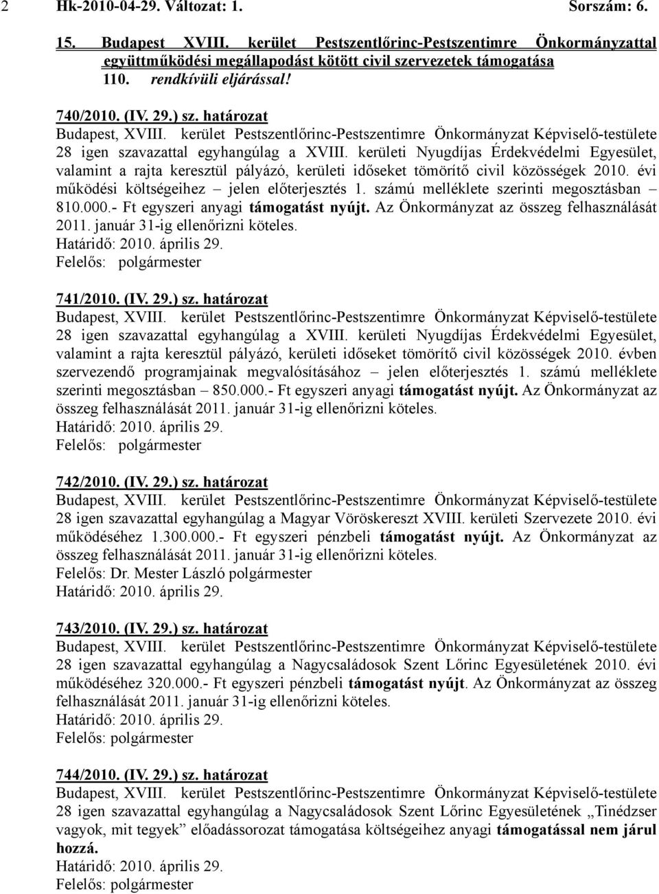 évi működési költségeihez jelen előterjesztés 1. számú melléklete szerinti megosztásban 810.000.- Ft egyszeri anyagi támogatást nyújt. Az Önkormányzat az összeg felhasználását 2011.