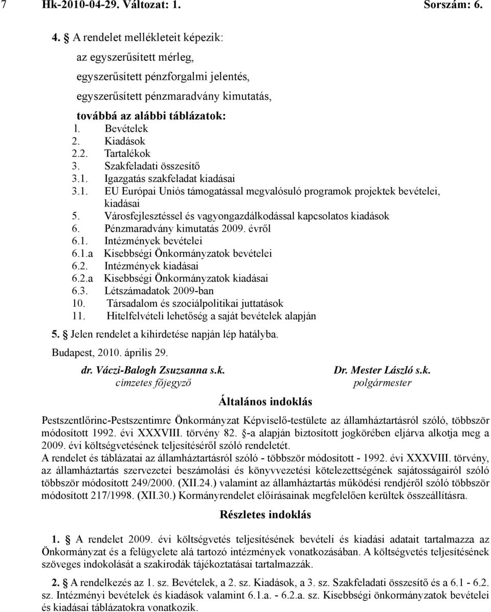 Városfejlesztéssel és vagyongazdálkodással kapcsolatos kiadások 6. Pénzmaradvány kimutatás 2009. évről 6.1. Intézmények bevételei 6.1.a Kisebbségi Önkormányzatok bevételei 6.2. Intézmények kiadásai 6.