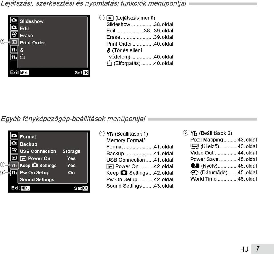 Settings Pw On Setup Sound Settings Exit MENU Storage Yes Yes On Set OK 1 r (Beállítások 1) Memory Format/ Format...41. oldal Backup...41. oldal USB Connection...41. oldal q Power On...42.