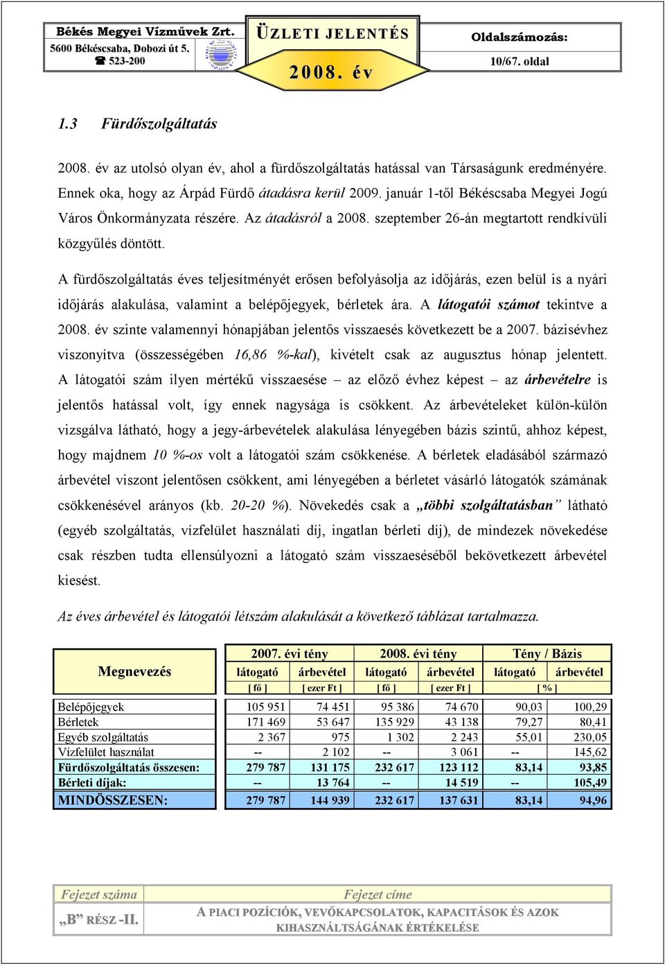 A fürdıszolgáltatás éves teljesítményét erısen befolyásolja az idıjárás, ezen belül is a nyári idıjárás alakulása, valamint a belépıjegyek, bérletek ára. A látogatói számot tekintve a 2008.