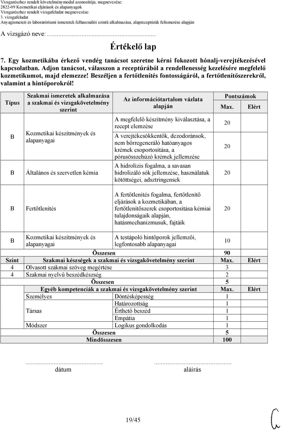 Típus Szakmai ismeretek alkalmazása a szakmai és vizsgakövetelmény szerint Az információtartalom vázlata alapján Pontszámok Max.