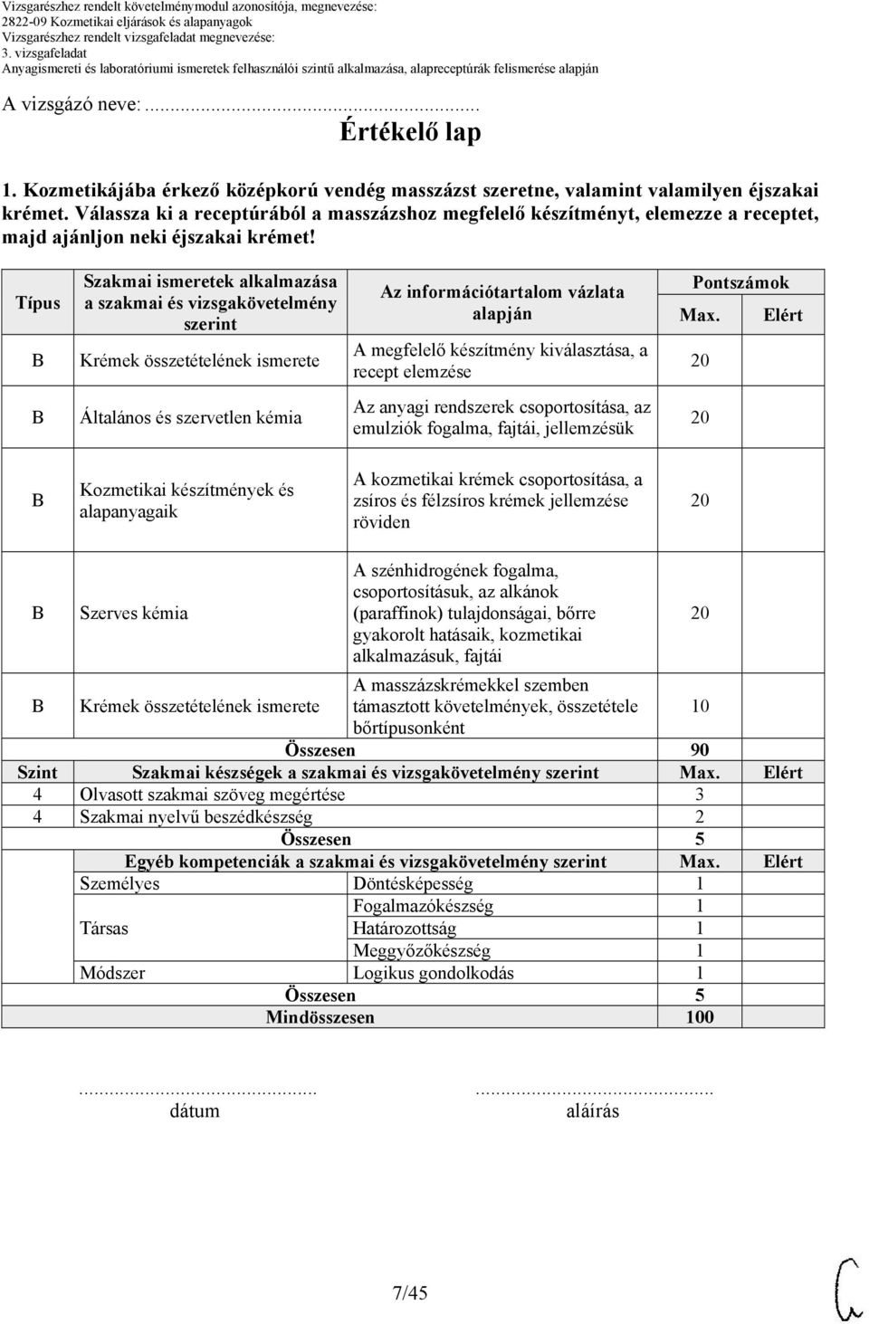 Típus Szakmai ismeretek alkalmazása a szakmai és vizsgakövetelmény szerint Krémek összetételének ismerete Az információtartalom vázlata alapján A megfelelő készítmény kiválasztása, a recept elemzése