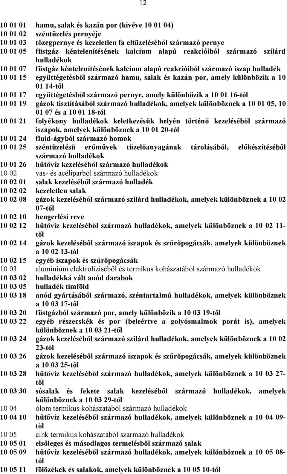 különbözik a 10 01 14-től 10 01 17 együttégetésből származó pernye, amely különbözik a 10 01 16-tól 10 01 19 gázok tisztításából származó hulladékok, amelyek különböznek a 10 01 05, 10 01 07 és a 10