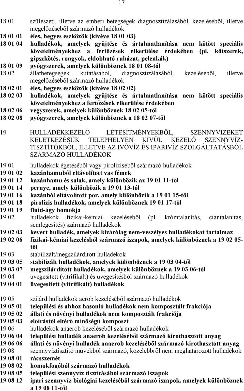 kötszerek, gipszkötés, rongyok, eldobható ruházat, pelenkák) 18 01 09 gyógyszerek, amelyek különböznek 18 01 08-tól 18 02 állatbetegségek kutatásából, diagnosztizálásából, kezeléséből, illetve