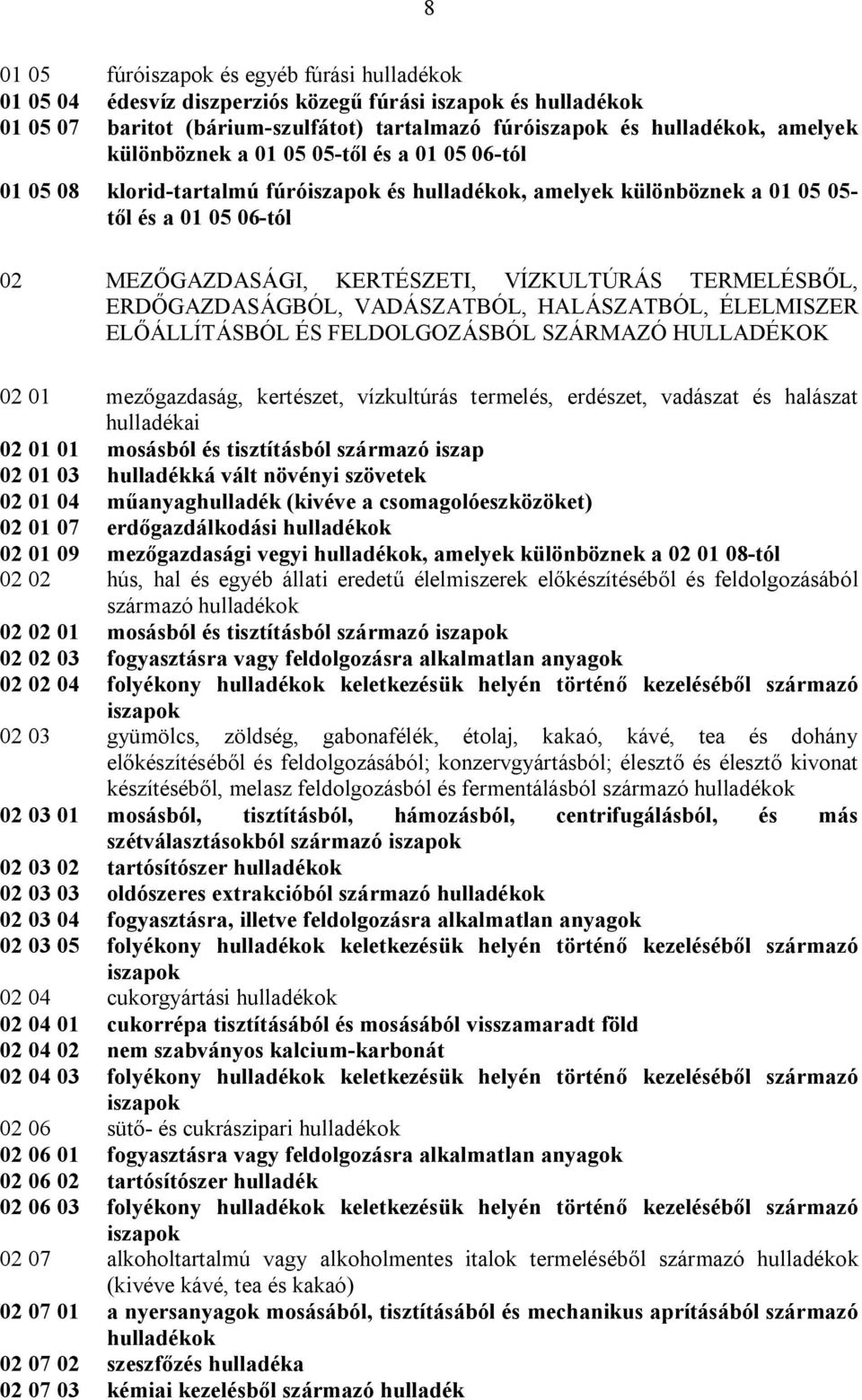 TERMELÉSBŐL, ERDŐGAZDASÁGBÓL, VADÁSZATBÓL, HALÁSZATBÓL, ÉLELMISZER ELŐÁLLÍTÁSBÓL ÉS FELDOLGOZÁSBÓL SZÁRMAZÓ HULLADÉKOK 02 01 mezőgazdaság, kertészet, vízkultúrás termelés, erdészet, vadászat és