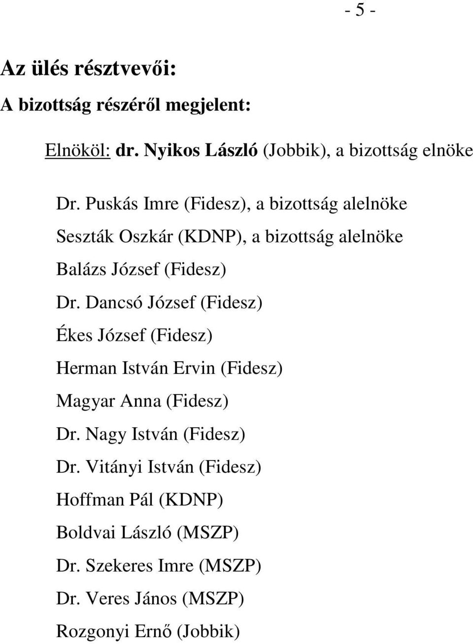 Dancsó József (Fidesz) Ékes József (Fidesz) Herman István Ervin (Fidesz) Magyar Anna (Fidesz) Dr. Nagy István (Fidesz) Dr.