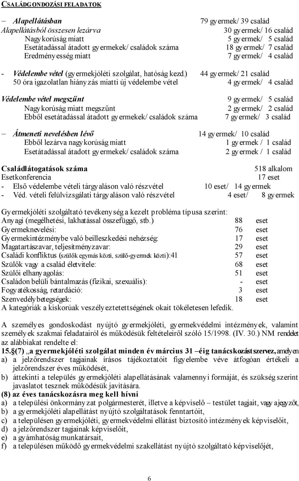 ) 44 gyermek/ 21 család 50 óra igazolatlan hiányzás miatti új védelembe vétel 4 gyermek/ 4 család Védelembe vétel megszűnt Nagykorúság miatt megszűnt Ebből esetátadással átadott gyermekek/ családok