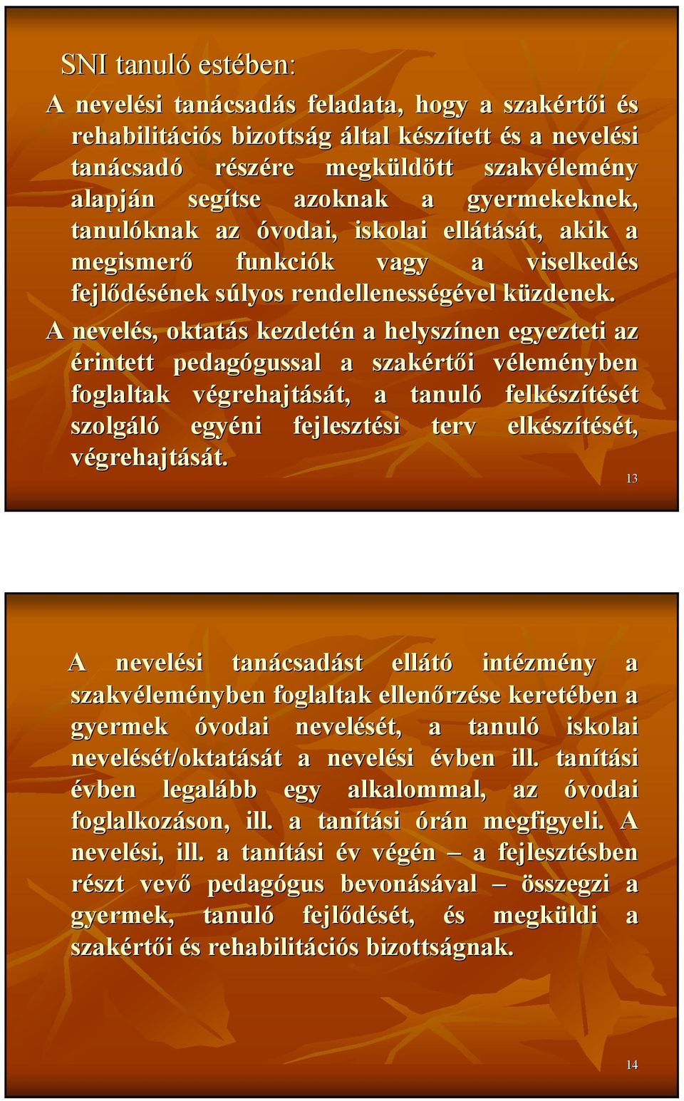 k A nevelés, oktatás s kezdetén n a helyszínen egyezteti az érintett pedagógussal gussal a szakért rtıi i vélemv leményben foglaltak végrehajtv grehajtását, t, a tanuló felkész szítését szolgáló