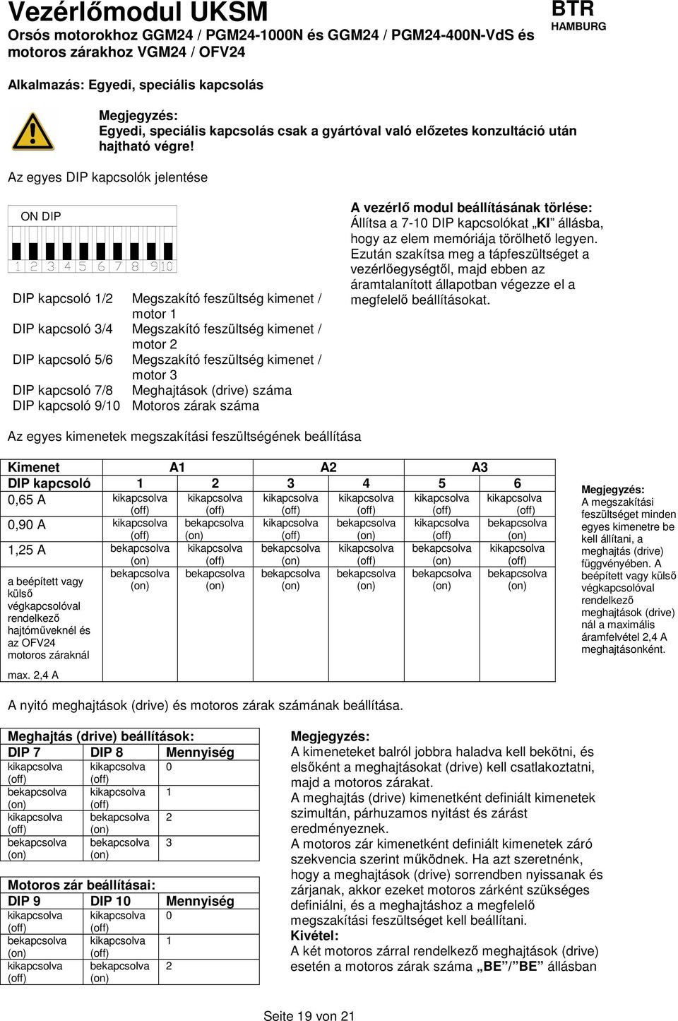 Az egyes DIP kapcsolók jelentése DIP kapcsoló 1/2 egszakító feszültség kimenet / motor 1 DIP kapcsoló 3/4 egszakító feszültség kimenet / motor 2 DIP kapcsoló 5/6 egszakító feszültség kimenet / motor