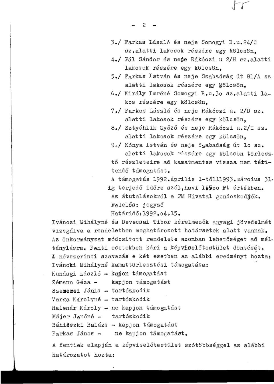 alatti lakosok részére egy kölcsön, 8./ Sztyéhlik Győző és neje Rákóczi u.2/i sz. alatti lakosok részére egy kölcsön, 9./ Kónya István és neje Szabadság út 10 sz.