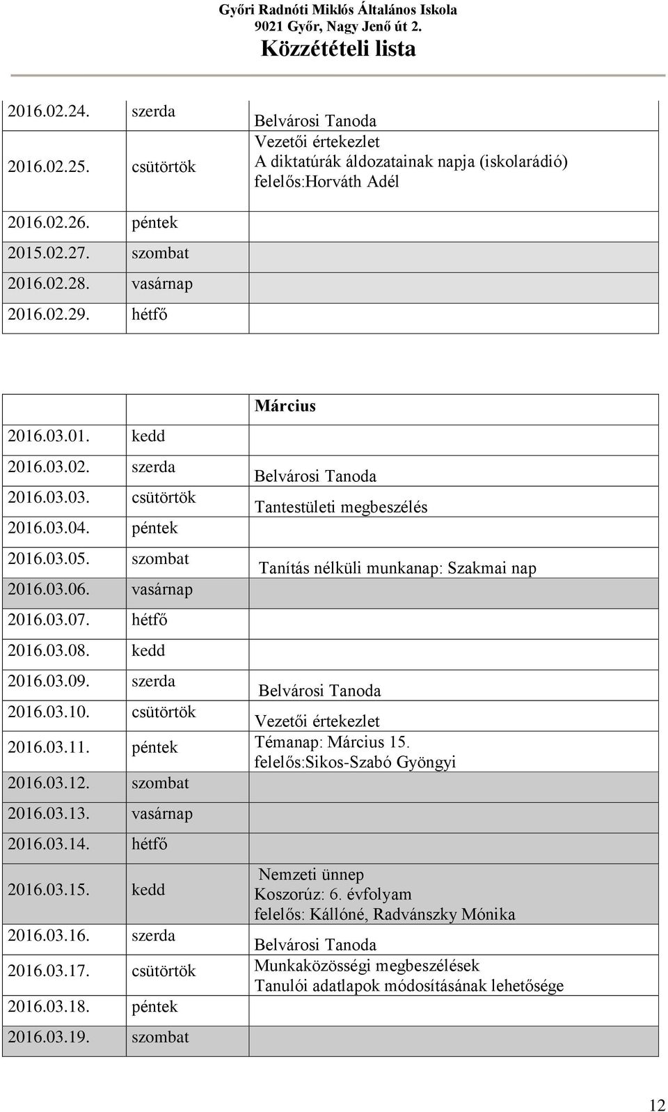 kedd Március Tantestületi megbeszélés Tanítás nélküli munkanap: Szakmai nap 2016.03.09. szerda 2016.03.10. csütörtök Vezetői értekezlet 2016.03.11. péntek Témanap: Március 15.