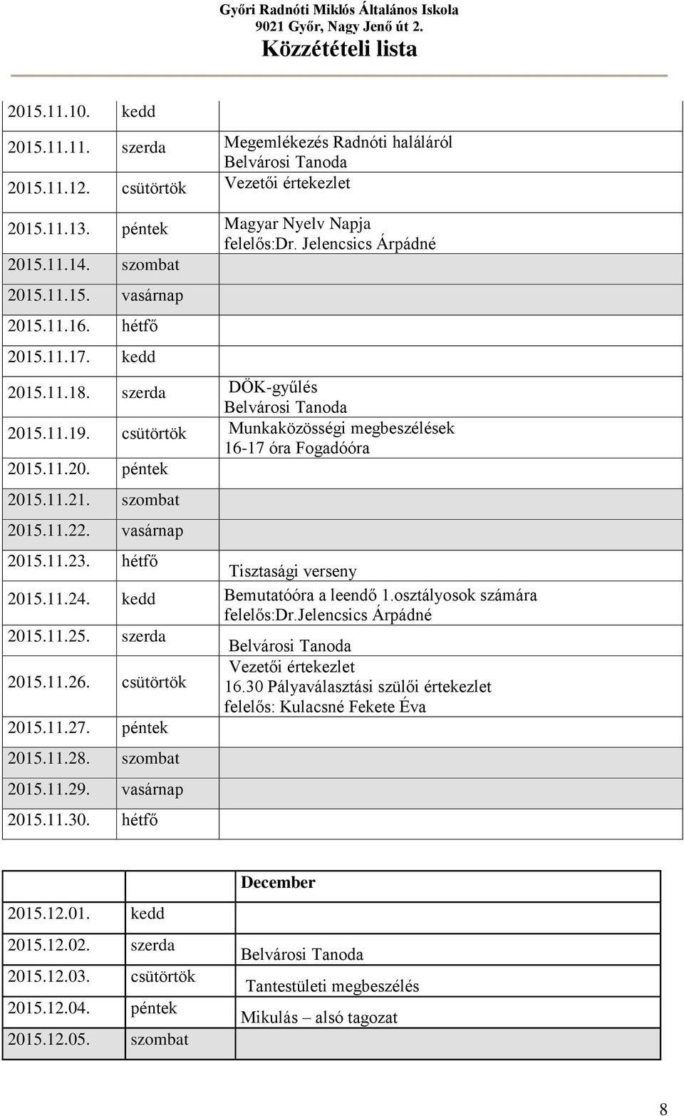 szombat 2015.11.22. vasárnap 2015.11.23. hétfő Tisztasági verseny 2015.11.24. kedd Bemutatóóra a leendő 1.osztályosok számára felelős:dr.jelencsics Árpádné 2015.11.25. szerda 2015.11.26.