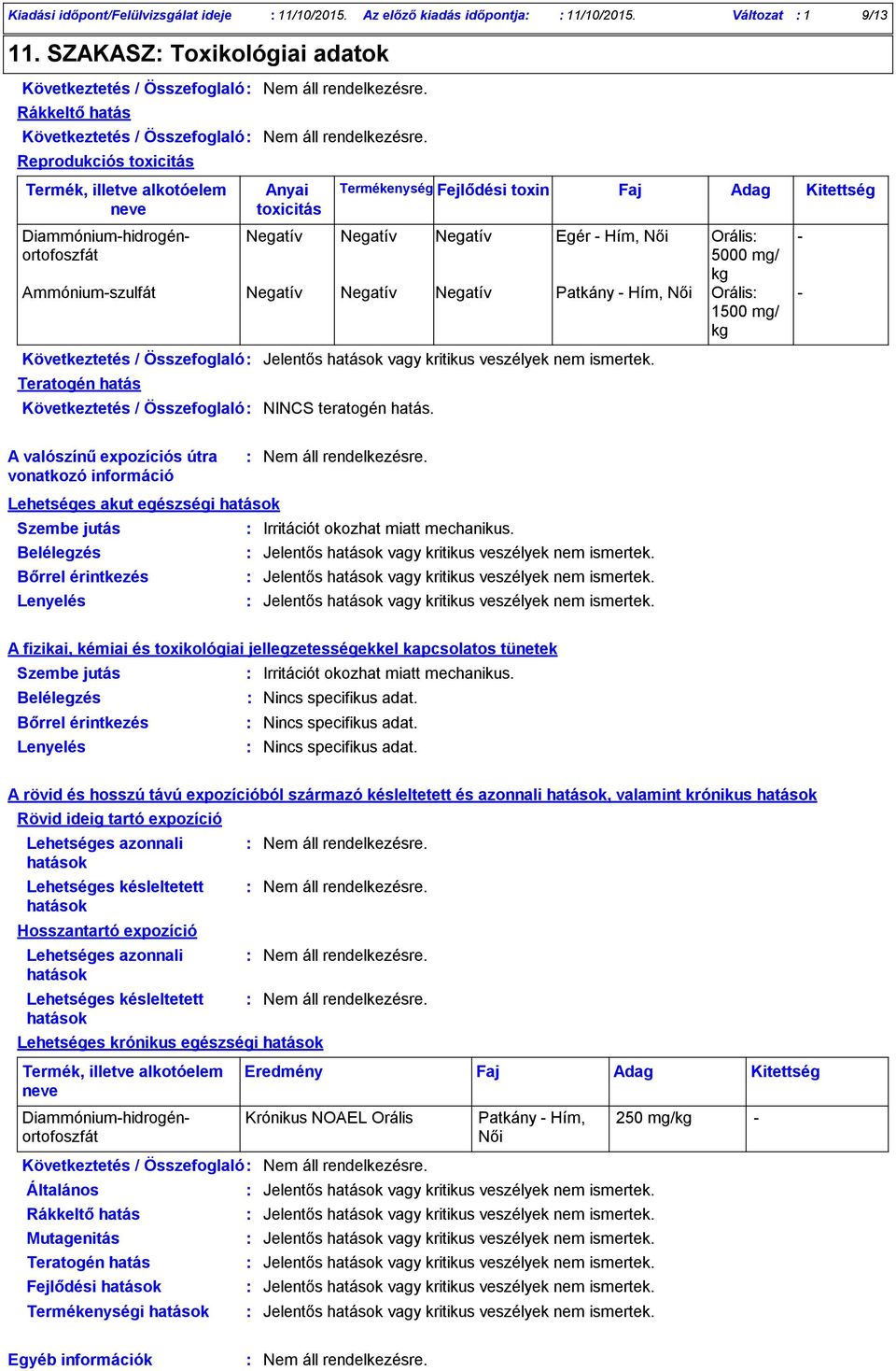 Anyai toxicitás Következtetés / Összefoglaló NINCS teratogén hatás. Termékenység Fejlődési toxin Következtetés / Összefoglaló Jelentős hatások vagy kritikus veszélyek nem ismertek.