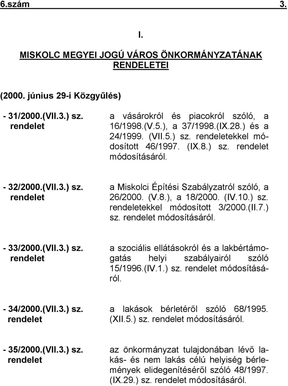 (IV.10.) sz. rendeletekkel módosított 3/2000.(II.7.) sz. rendelet módosításáról. - 33/2000.(VII.3.) sz. rendelet a szociális ellátásokról és a lakbértámogatás helyi szabályairól szóló 15/1996.(IV.1.) sz. rendelet módosításáról. - 34/2000.