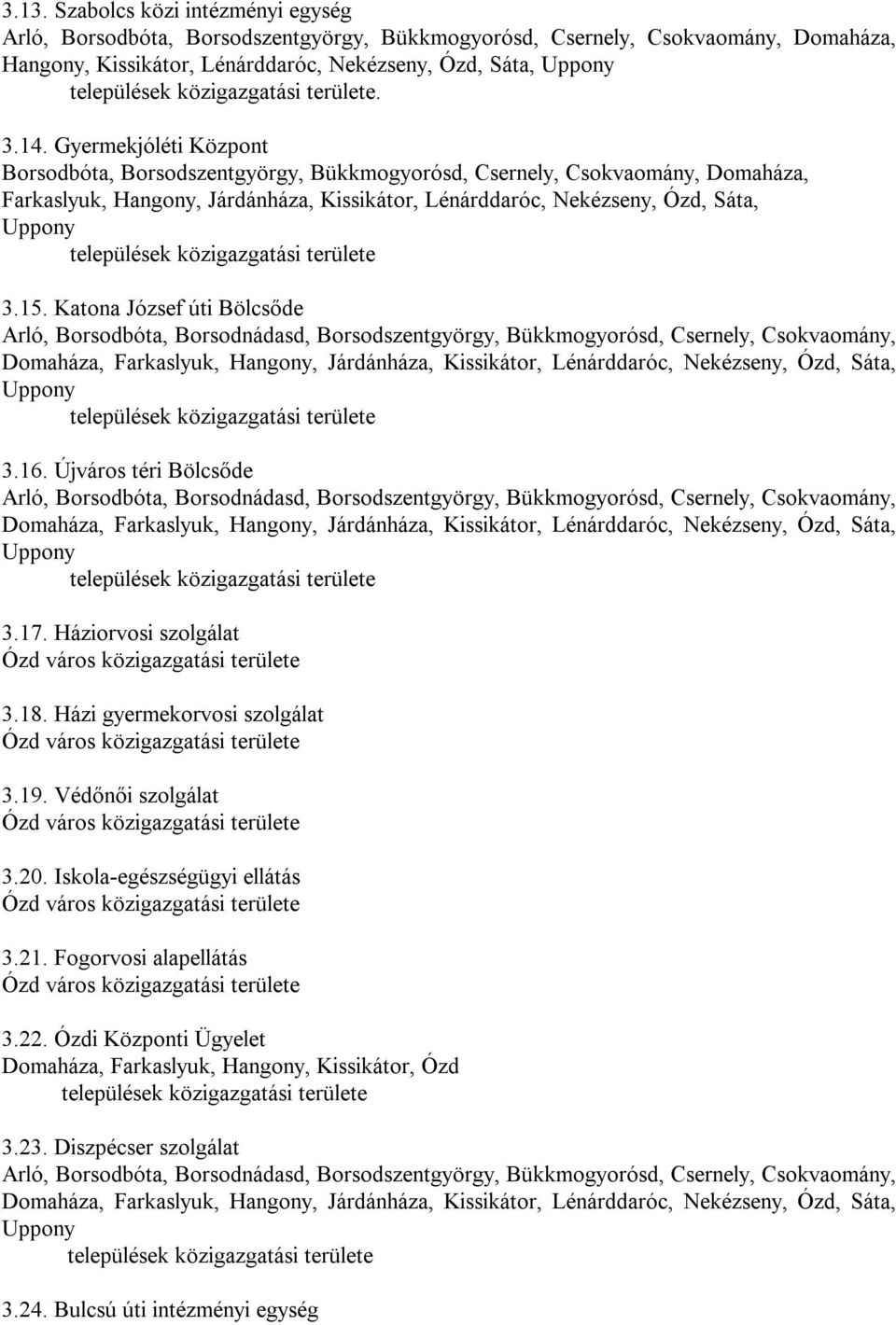 Katona József úti Bölcsőde Arló, Borsodbóta, Borsodnádasd, Borsodszentgyörgy, Bükkmogyorósd, Csernely, Csokvaomány, Domaháza, Farkaslyuk, Hangony, Járdánháza, Kissikátor, Lénárddaróc, Nekézseny, Ózd,