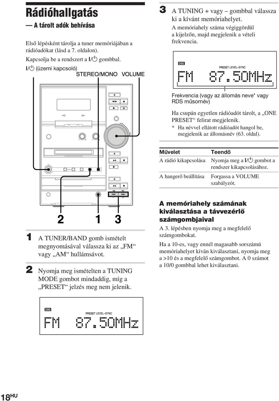 Frekvencia (vagy az állomás neve* vagy RDS műsornév) Ha csupán egyetlen rádióadót tárolt, a ONE PRESET felirat megjelenik. * Ha névvel ellátott rádióadót hangol be, megjelenik az állomásnév (63.