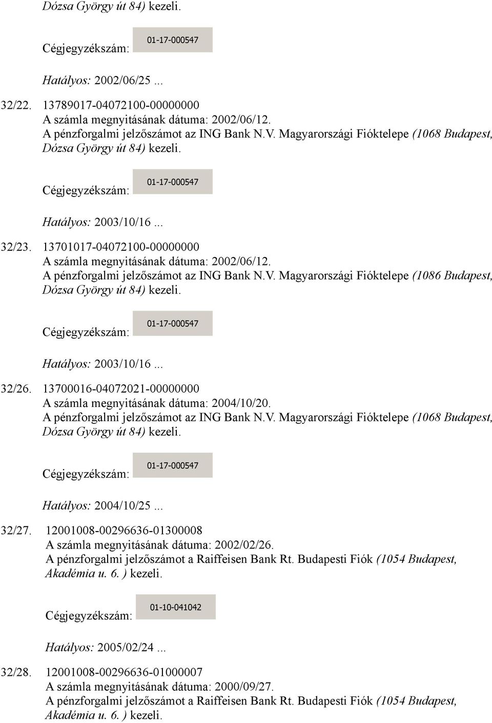 A pénzforgalmi jelzőszámot az ING Bank N.V. Magyarországi Fióktelepe (1086 Budapest, Dózsa György út 84) kezeli. 01-17-000547 Hatályos: 2003/10/16... 32/26.