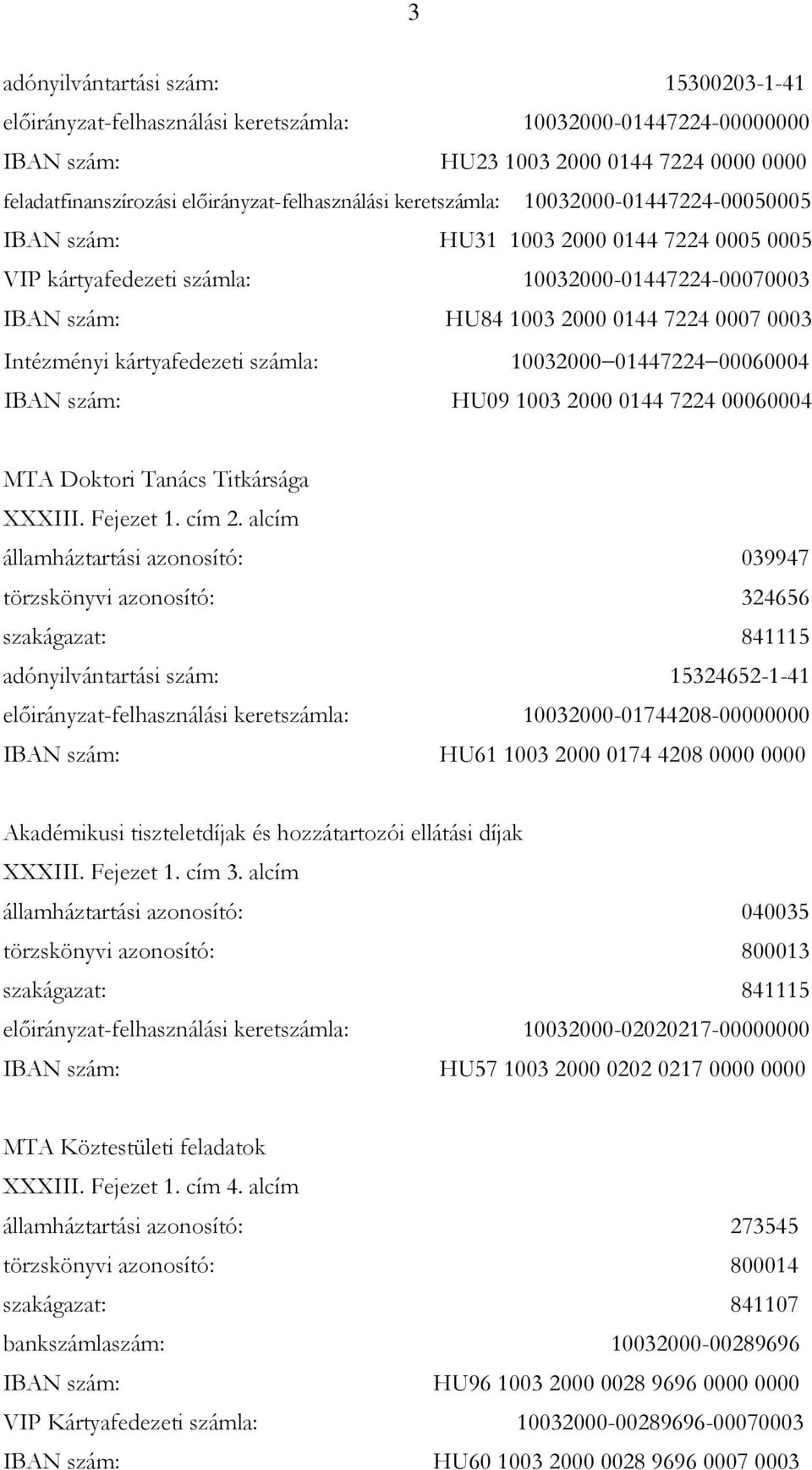 kártyafedezeti számla: 10032000 01447224 00060004 IBAN szám: HU09 1003 2000 0144 7224 00060004 MTA Doktori Tanács Titkársága XXXIII. Fejezet 1. cím 2.