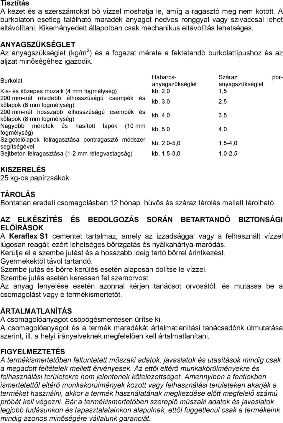 Burkolat Habarcsanyagszükségleanyagszükséglet Száraz Kis- és közepes mozaik (4 mm fogmélység) kb. 2,0 1,5 200 mm-nél rövidebb élhosszúságú csempék és kőlapok (6 mm fogmélység) kb.