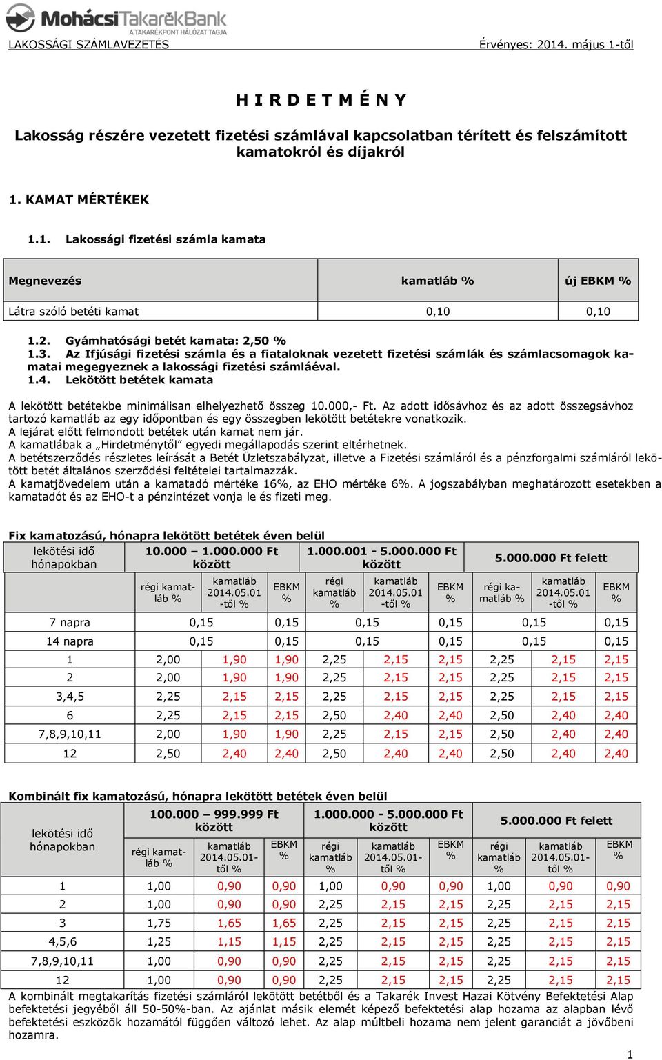 Az Ifjúsági fizetési számla és a fiataloknak vezetett fizetési számlák és számlacsomagok kamatai megegyeznek a lakossági fizetési számláéval. 1.4.