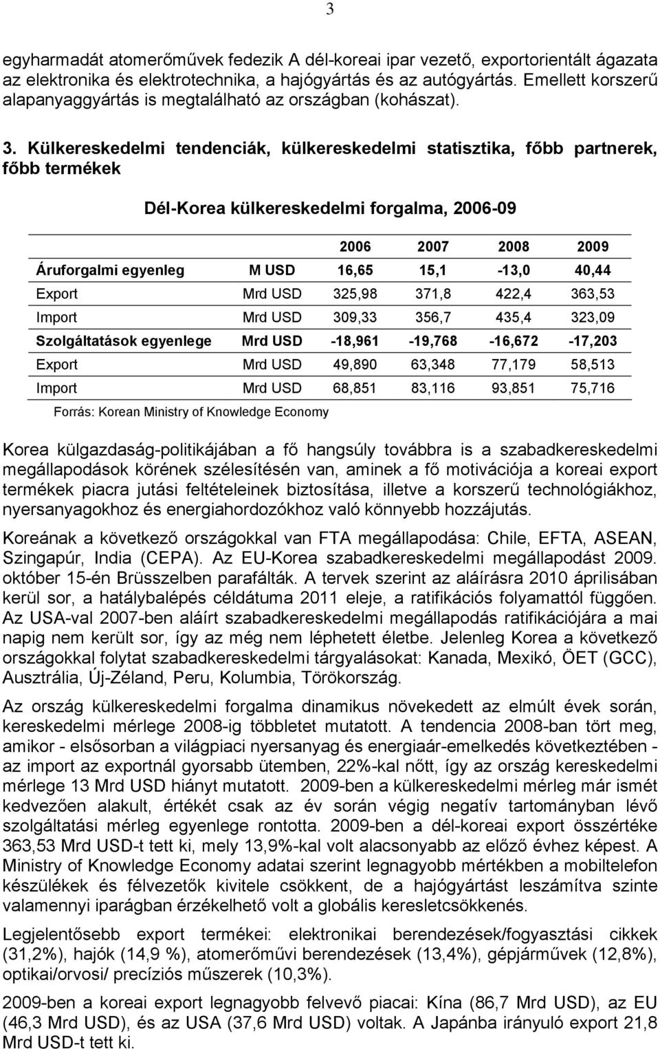 Külkereskedelmi tendenciák, külkereskedelmi statisztika, főbb partnerek, főbb termékek Dél-Korea külkereskedelmi forgalma, 2006-09 2006 2007 2008 2009 Áruforgalmi egyenleg M USD 16,65 15,1-13,0 40,44