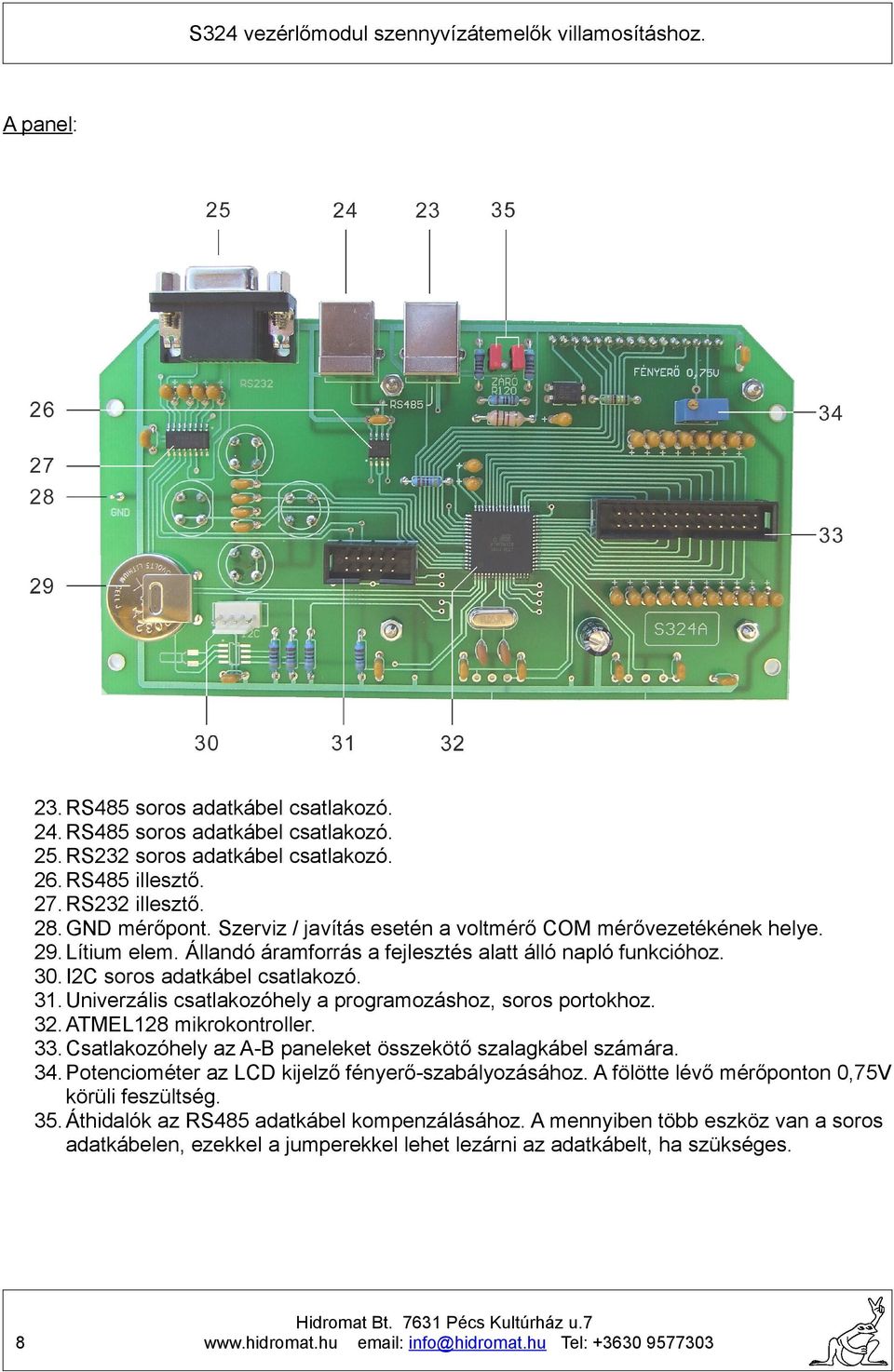 Univerzális csatlakozóhely a programozáshoz, soros portokhoz. 32. ATMEL128 mikrokontroller. 33. Csatlakozóhely az A-B paneleket összekötő szalagkábel számára. 34.