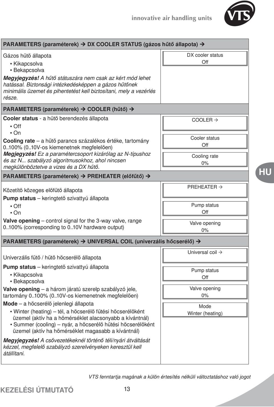 DX cooler status Off PARAMETERS (paraméterek) COOLER (hűtő) Cooler status - a hűtő berendezés állapota Off On Cooling rate a hűtő parancs százalékos értéke, tartomány 0..100% (0.
