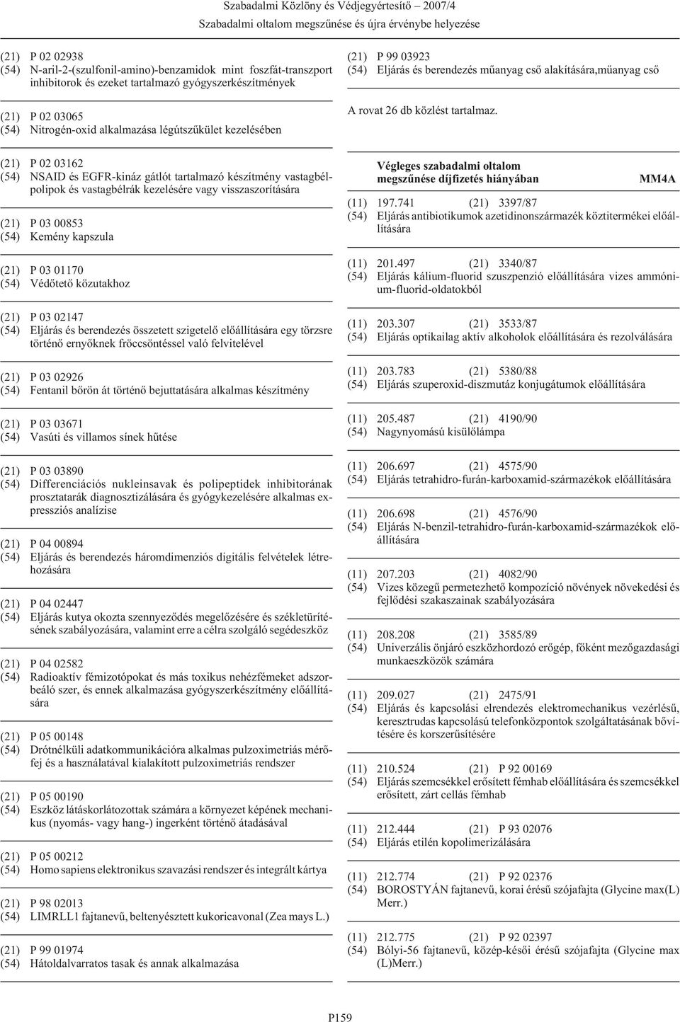 (21) P 02 03162 (54) NSAID és EGFR-kináz gátlót tartalmazó készítmény vastagbélpolipok és vastagbélrák kezelésére vagy visszaszorítására (21) P 03 00853 (54) Kemény kapszula (21) P 03 01170 (54)
