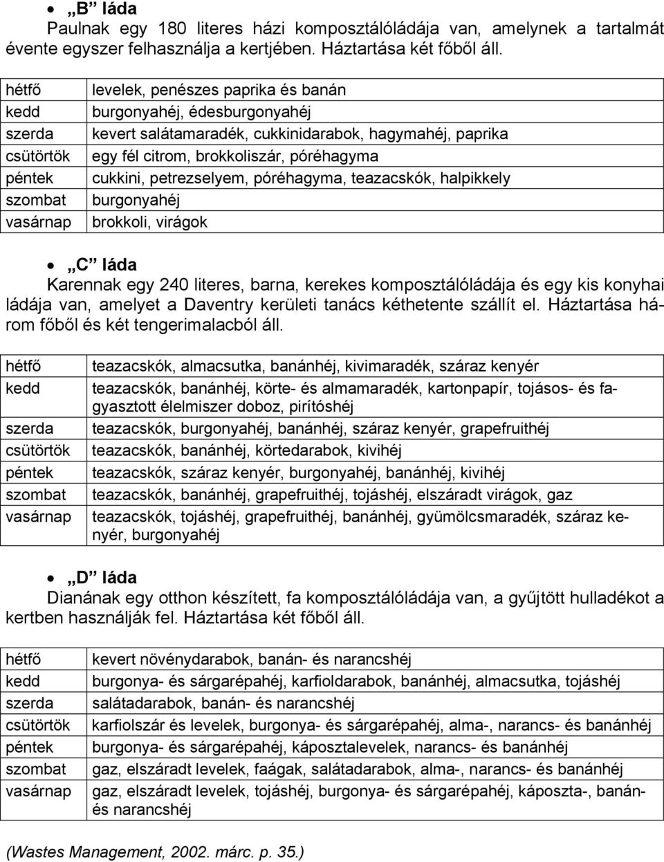 teazacskók, halpikkely burgonyahéj brokkoli, virágok C láda Karennak egy 240 literes, barna, kerekes komposztálóládája és egy kis konyhai ládája van, amelyet a Daventry kerületi tanács kéthetente