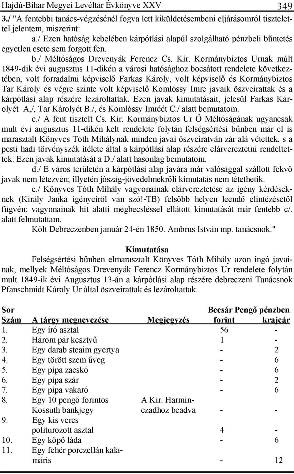 Kormánybiztos Urnak múlt 1849-dik évi augusztus 11-dikén a városi hatósághoz bocsátott rendelete következtében, volt forradalmi képviselő Farkas Károly, volt képviselő és Kormánybiztos Tar Károly és