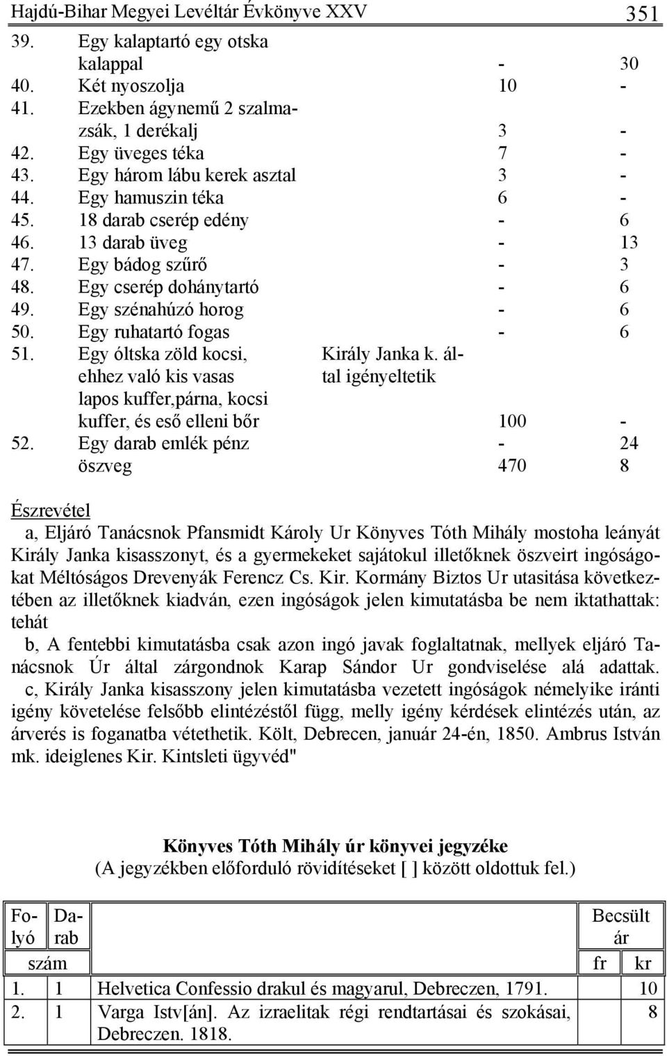 Egy ruhatartó fogas - 6 51. Egy óltska zöld kocsi, Király Janka k. álehhez való kis vasas tal igényeltetik lapos kuffer,párna, kocsi kuffer, és eső elleni bőr 100-52.