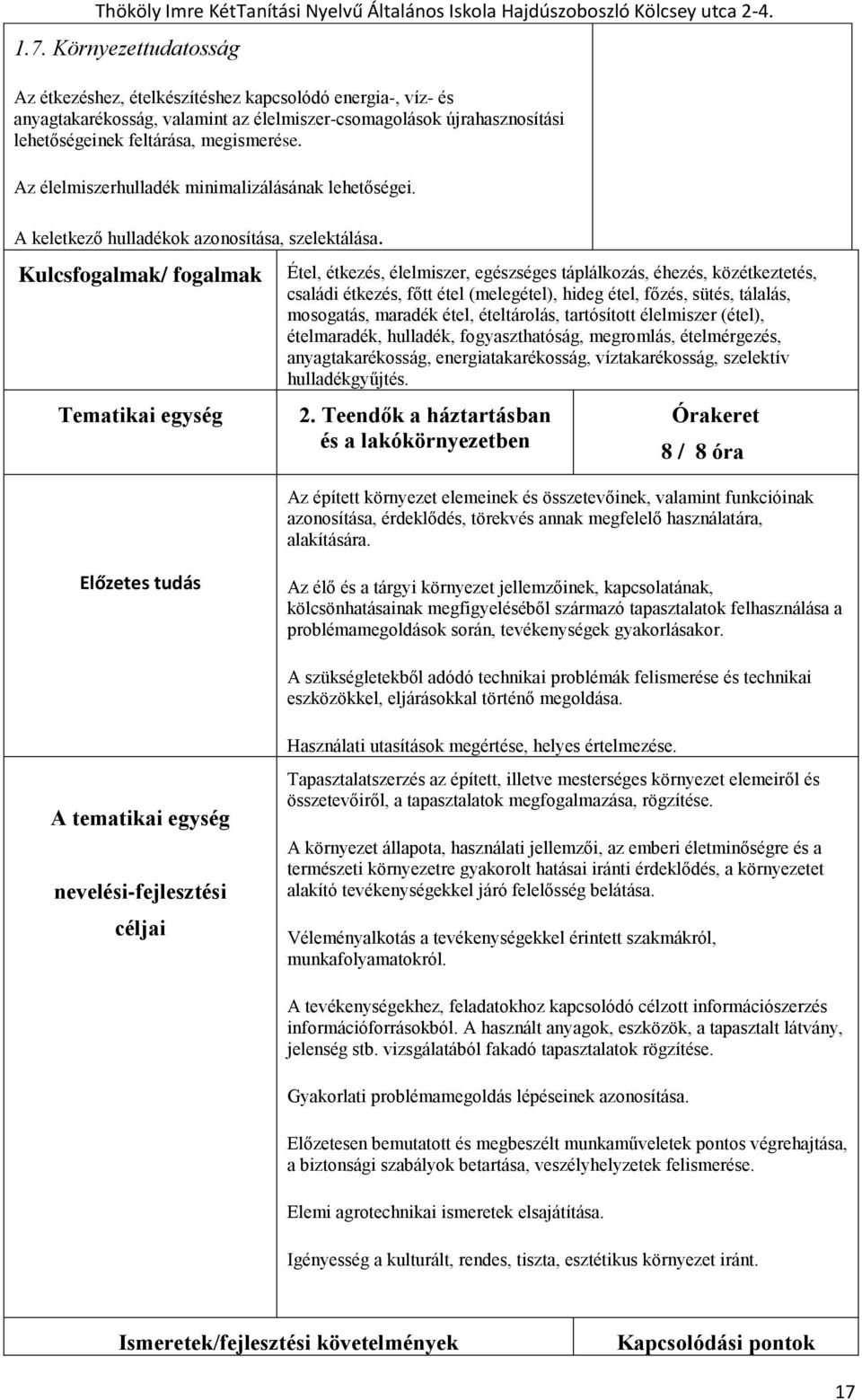 Kulcsfogalmak/ fogalmak Tematikai egység Étel, étkezés, élelmiszer, egészséges táplálkozás, éhezés, közétkeztetés, családi étkezés, főtt étel (melegétel), hideg étel, főzés, sütés, tálalás,