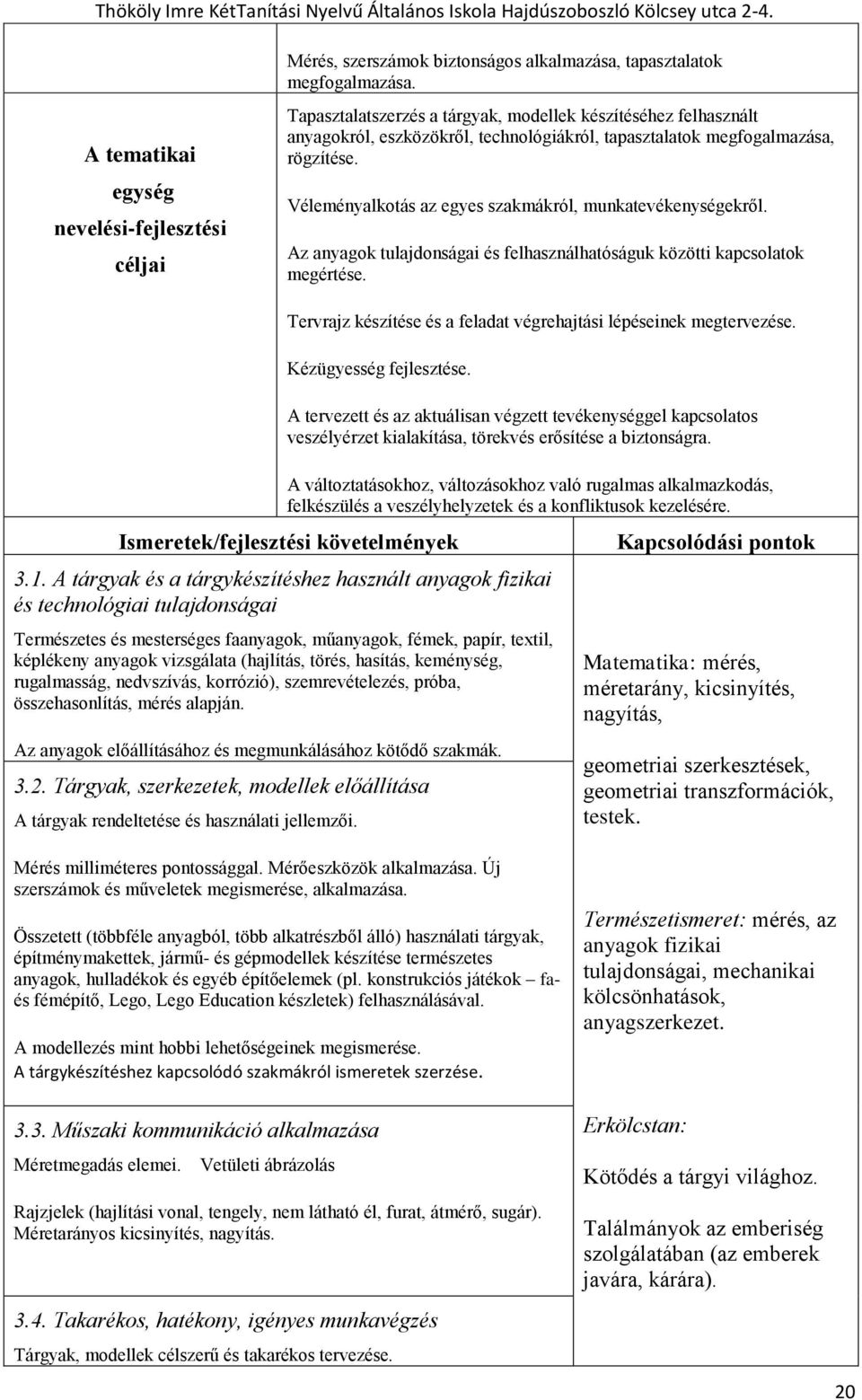 Véleményalkotás az egyes szakmákról, munkatevékenységekről. Az anyagok tulajdonságai és felhasználhatóságuk közötti kapcsolatok megértése.