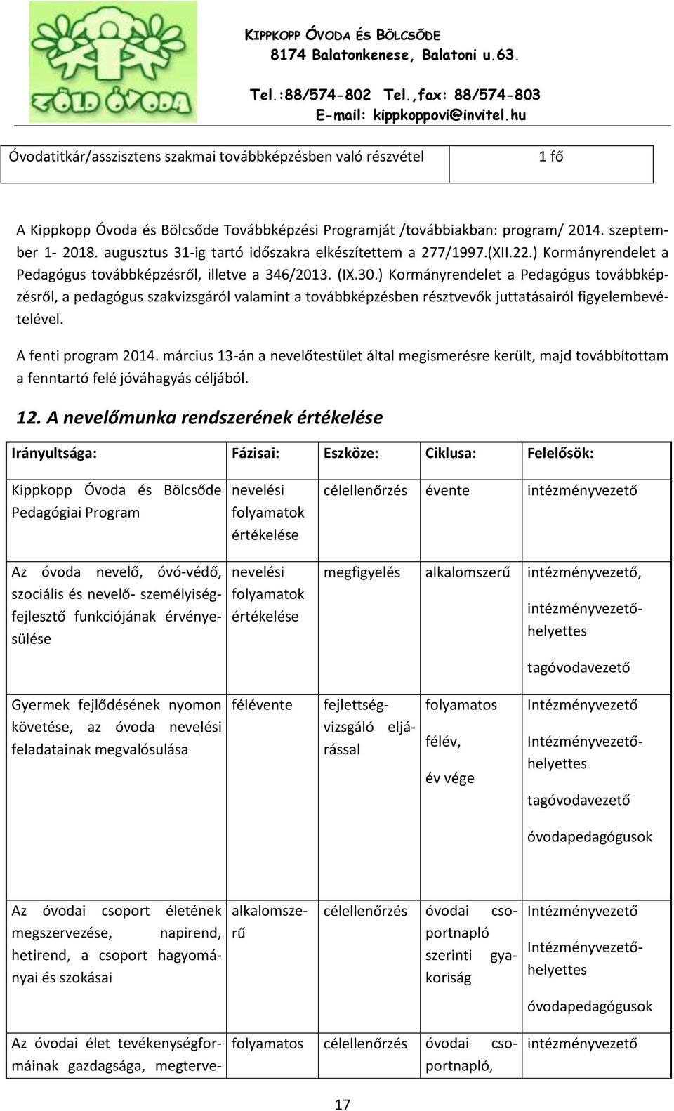 ) Kormányrendelet a Pedagógus továbbképzésről, a pedagógus szakvizsgáról valamint a továbbképzésben résztvevők juttatásairól figyelembevételével. A fenti program 2014.