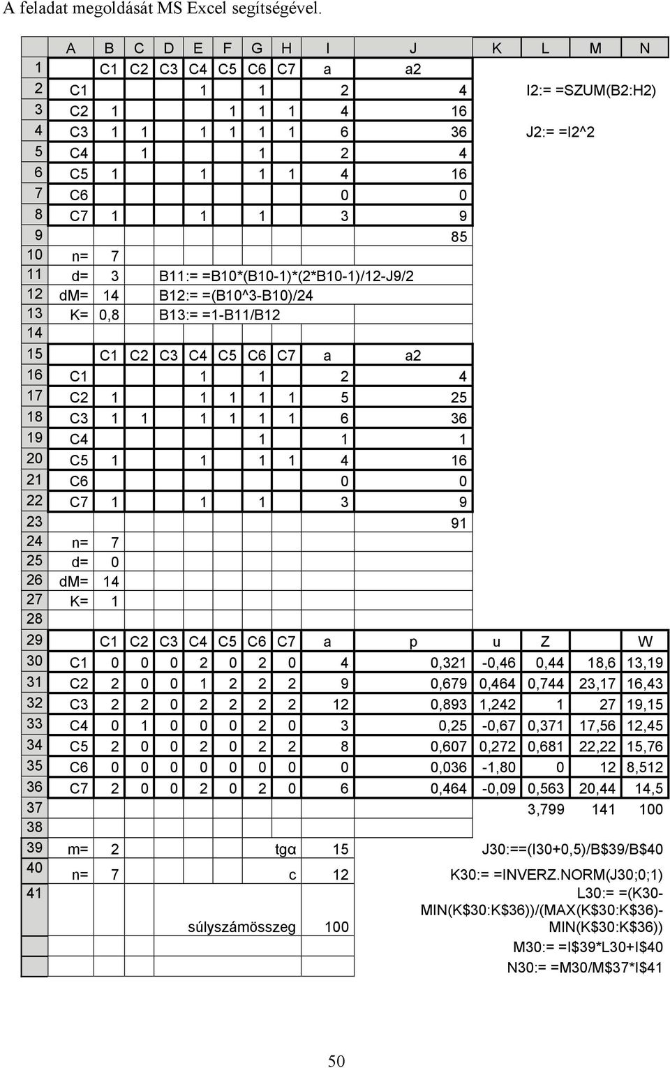 10 n= 7 11 d= 3 B11:= =B10*(B10-1)*(2*B10-1)/12-J9/2 12 dm= 14 B12:= =(B10^3-B10)/24 13 K= 0,8 B13:= =1-B11/B12 14 15 C1 C2 C3 C4 C5 C6 C7 a a2 16 C1 1 1 2 4 17 C2 1 1 1 1 1 5 25 18 C3 1 1 1 1 1 1 6