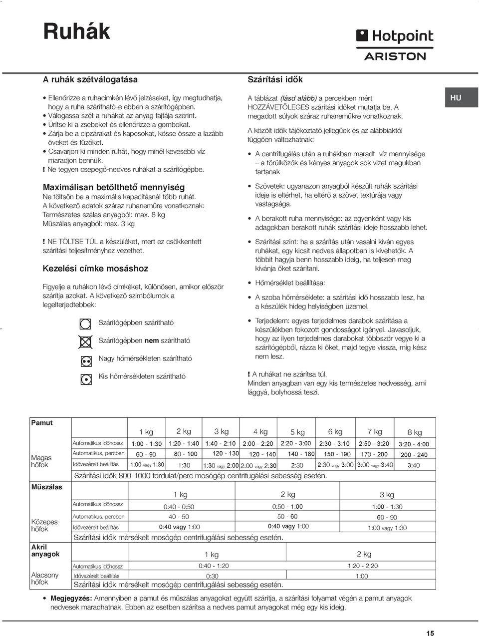 ! Ne tegyen csepegő-nedves ruhákat a szárítógépbe. Maximálisan betölthető mennyiség Ne töltsön be a maximális kapacitásnál több ruhát.