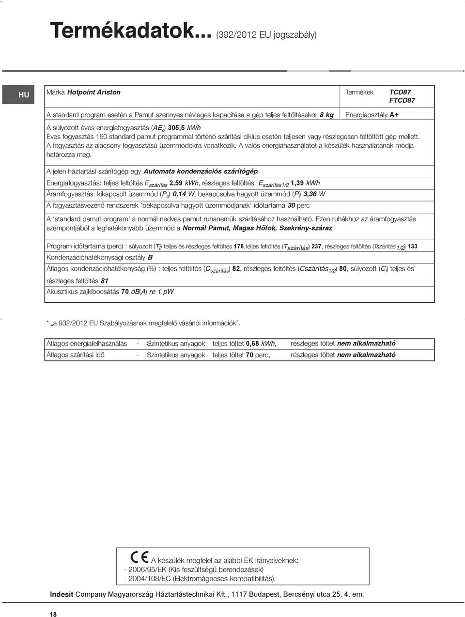 éves energiafogyasztás (AE c ) 305,5 kwh Éves fogyasztás 160 standard pamut programmal történő szárítási ciklus esetén teljesen vagy részlegesen feltöltött gép mellett.