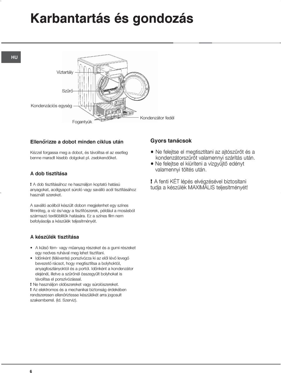 Gyors tanácsok Ne felejtse el megtisztítani az ajtószűrőt és a kondenzátorszűrőt valamennyi szárítás után. Ne felejtse el kiüríteni a vízgyűjtő edényt valamennyi töltés után.