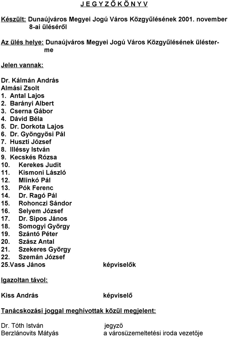 Kerekes Judit 11. Kismoni László 12. Mlinkó Pál 13. Pók Ferenc 14. Dr. Ragó Pál 15. Rohonczi Sándor 16. Selyem József 17. Dr. Sipos János 18. Somogyi György 19. Szántó Péter 20. Szász Antal 21.